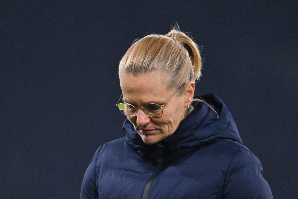 Sarina Wiegman, Head Coach of England, reacts after the UEFA Womens Nations League match between Scotland and England at Hampden Park on December 05, 2023 in Glasgow, Scotland. (Stu Forster/Getty Images)