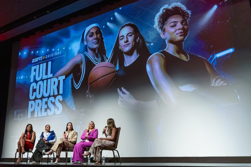 Kamilla Cardoso, Kiki Rice, Caitlin Clark, Holly Rowe and Kristen Lappas at the ESPN+ 'Full Court Press' premiere