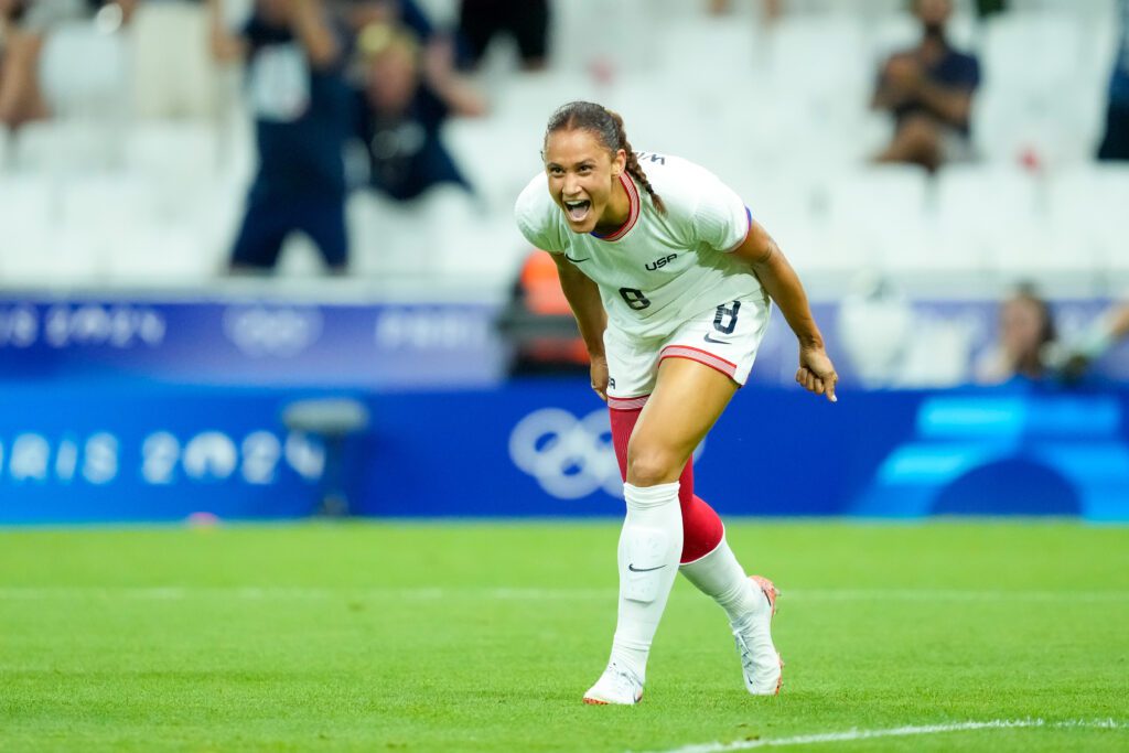USWNT forward Lynn Williams celebrates a goal against Germany in the Olympics