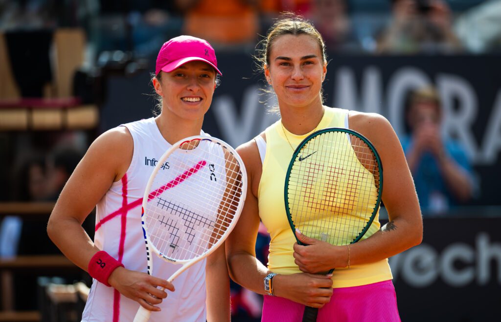 World No. 1 Iga Świątek and No. 2 Aryna Sabalenka pose before their Italian Open final in May 2024.