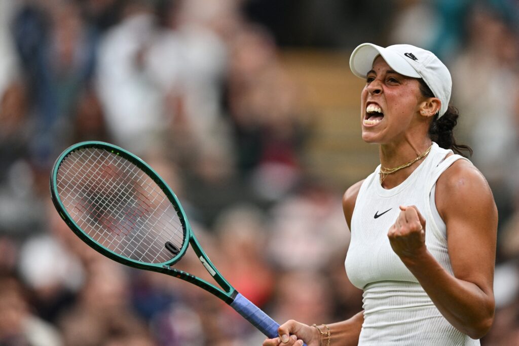 Madison Keys celebrates winning a set at Wimbledon in July.