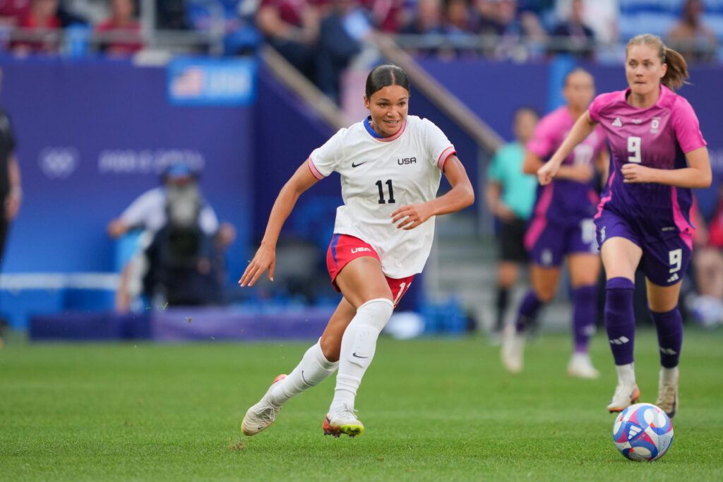 USWNT foward Sophia Smith on the field against Germany at the Olympics women's semifinal match