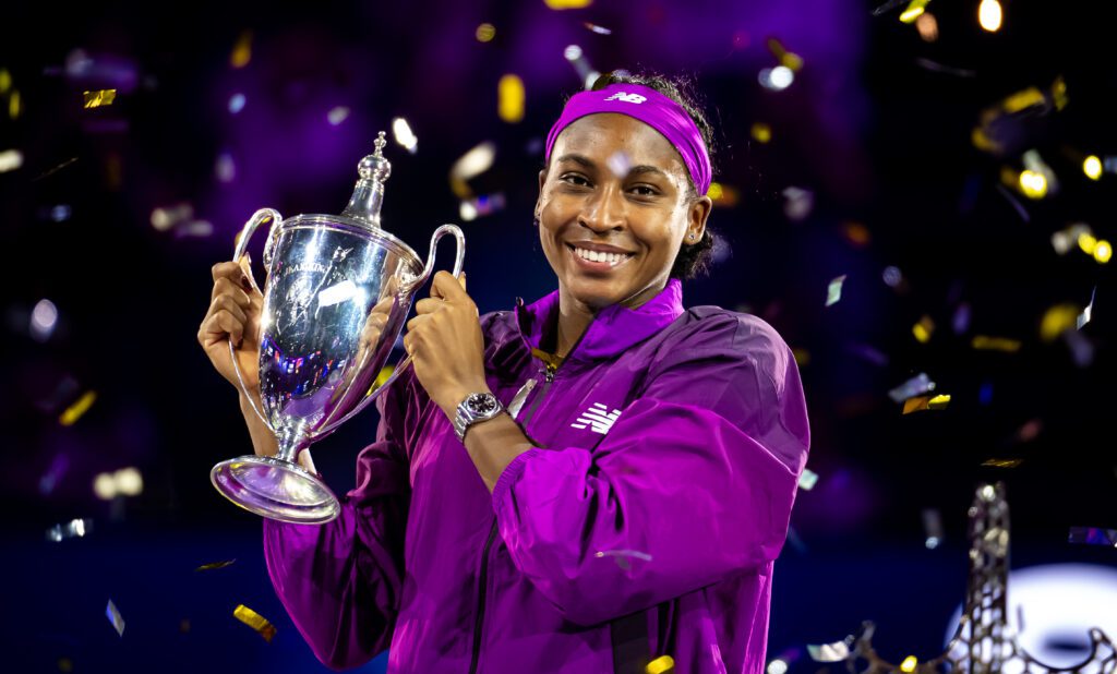 Highest-paid female athlete US tennis star Coco Gauff poses with her 2024 WTA Finals trophy