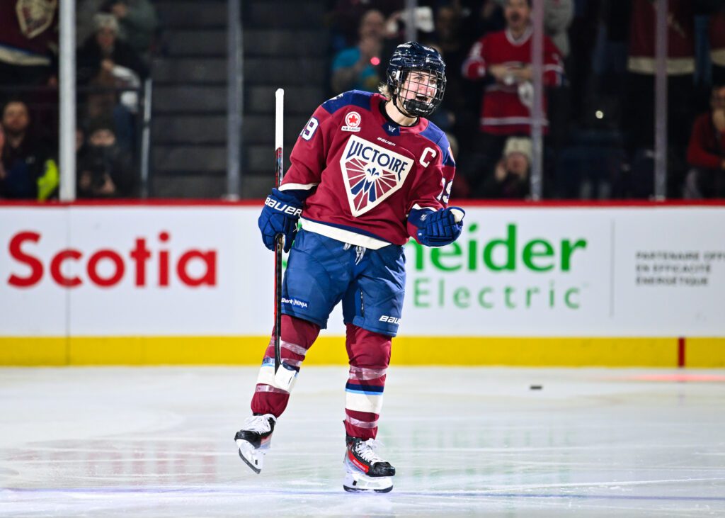 PWHL star Marie-Philip Poulin #29 of the Montreal Victoire celebrates after scoring during the shootout at Place Bell on November 30, 2024 in Laval, Quebec, Canada. The Montreal Victoire defeated the Ottawa Charge 4-3 in a shootout.