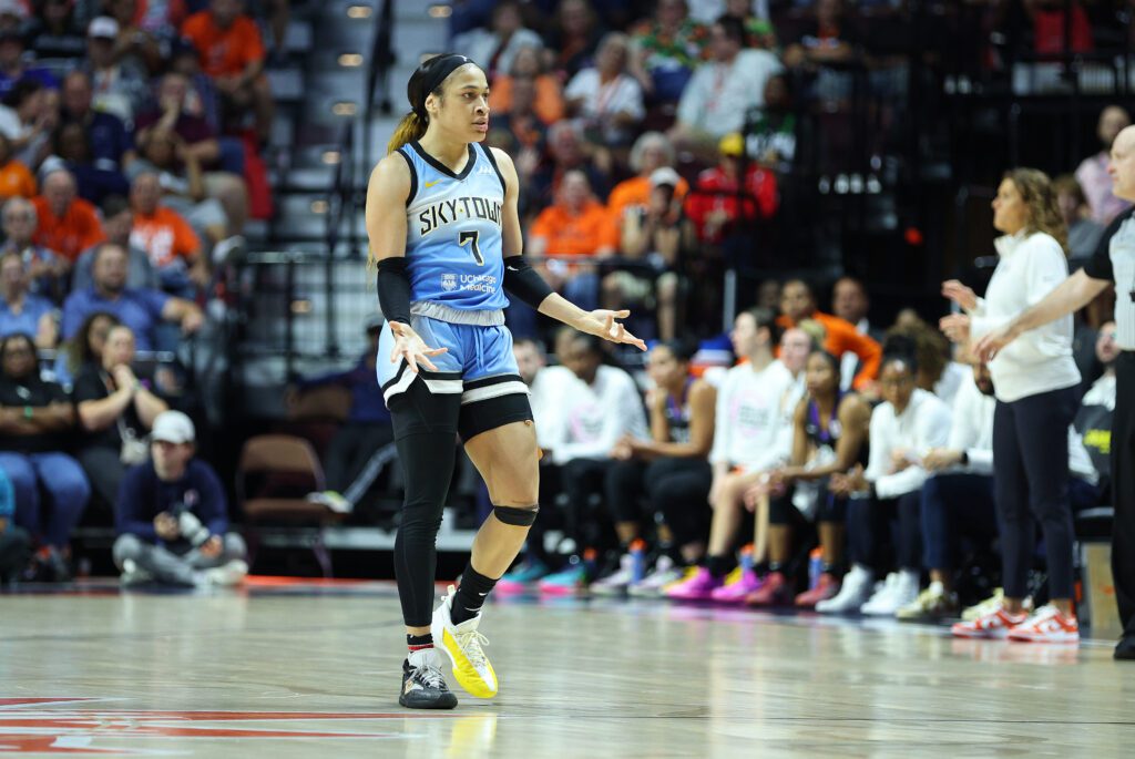 Chicago Sky guard Chennedy Carter reacts to a play during a 2024 WNBA game.