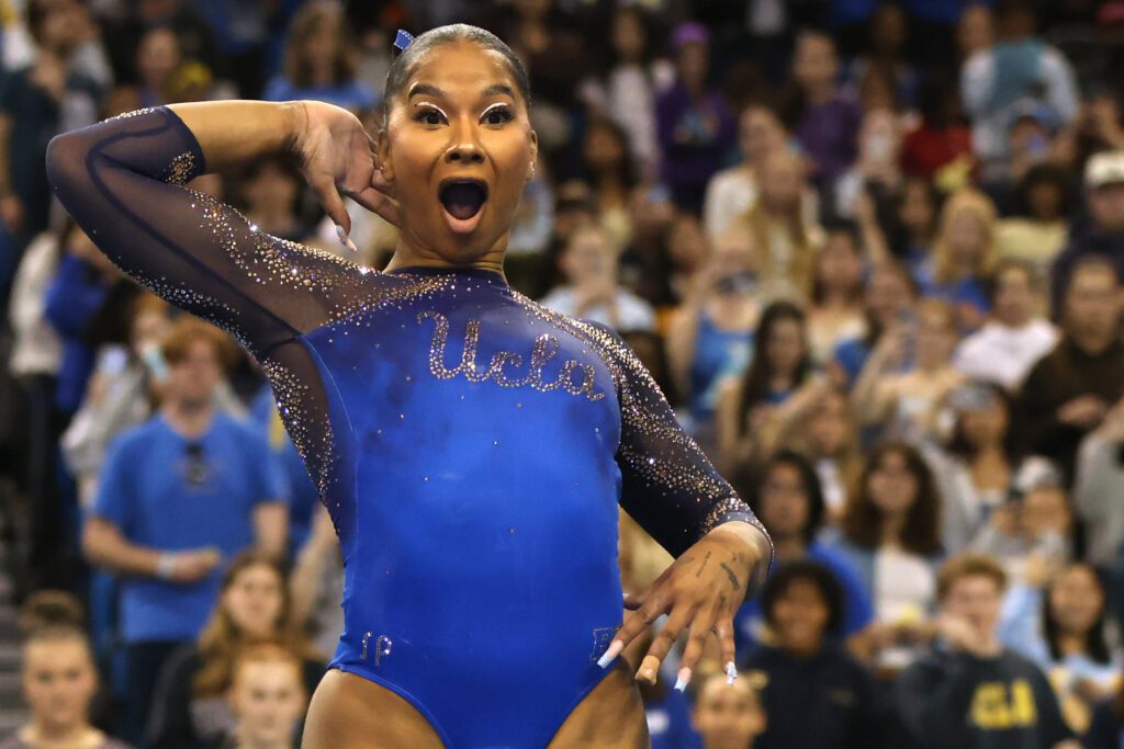 Jordan Chiles of the UCLA Bruins competes on floor exercise during a meet against the Illinois Fighting Illini at Pauley Pavilion on January 25, 2025 in Los Angeles, California.