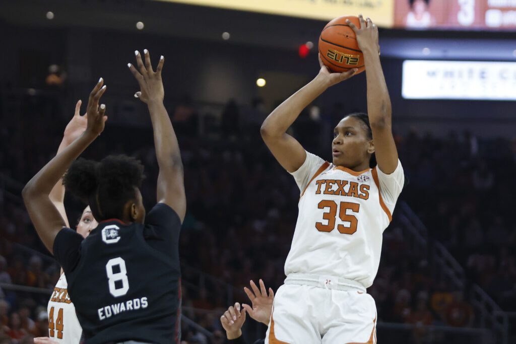 South Carolina's Joyce Edwards tried to defend a shot from Texas guard Madison Booker ahead of the 2025 NCAA Final Four.