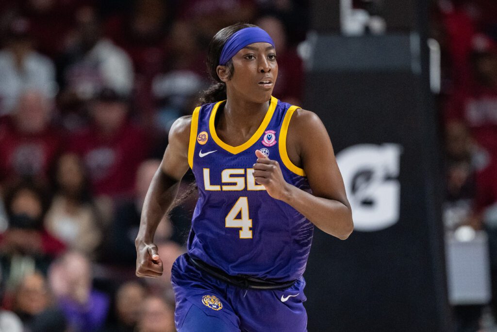 WNBA draft pick Flau'Jae Johnson #4 of the LSU Lady Tigers plays against the South Carolina Gamecocks during their game at Colonial Life Arena on January 24, 2025 in Columbia, South Carolina. 
