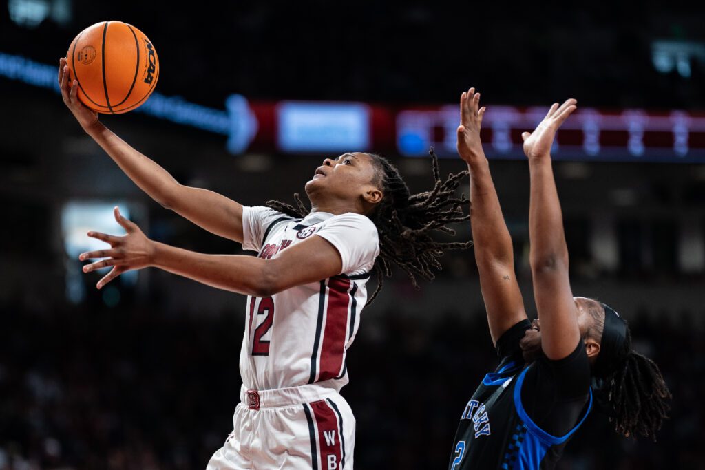 NCAA tournament player MiLaysia Fulwiley lays up a shot during South Carolina 2024/25 NCAA basketball regular-season finale win over Kentucky.