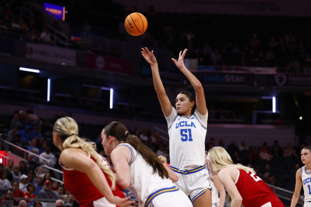UCLA center Lauren Betts shoots a free throw during a 2025 Big Ten tournament game.
