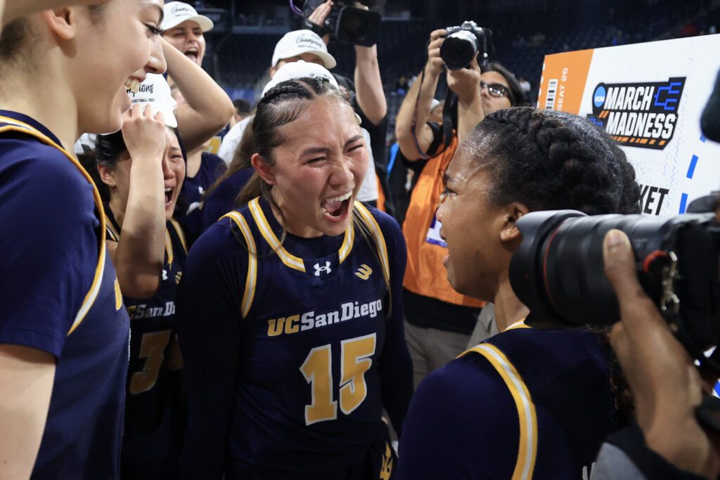 UC San Diego's Sabrina Ma celebrates the 2025 Big West tournament win that sent her team to their first-ever March Madness.