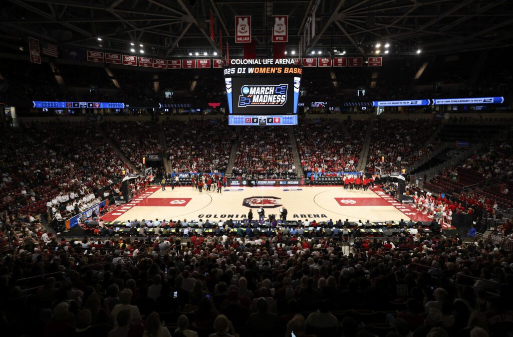 A sold-out crowd watches South Carolina defeat Indiana in the second round of 2025's March Madness.