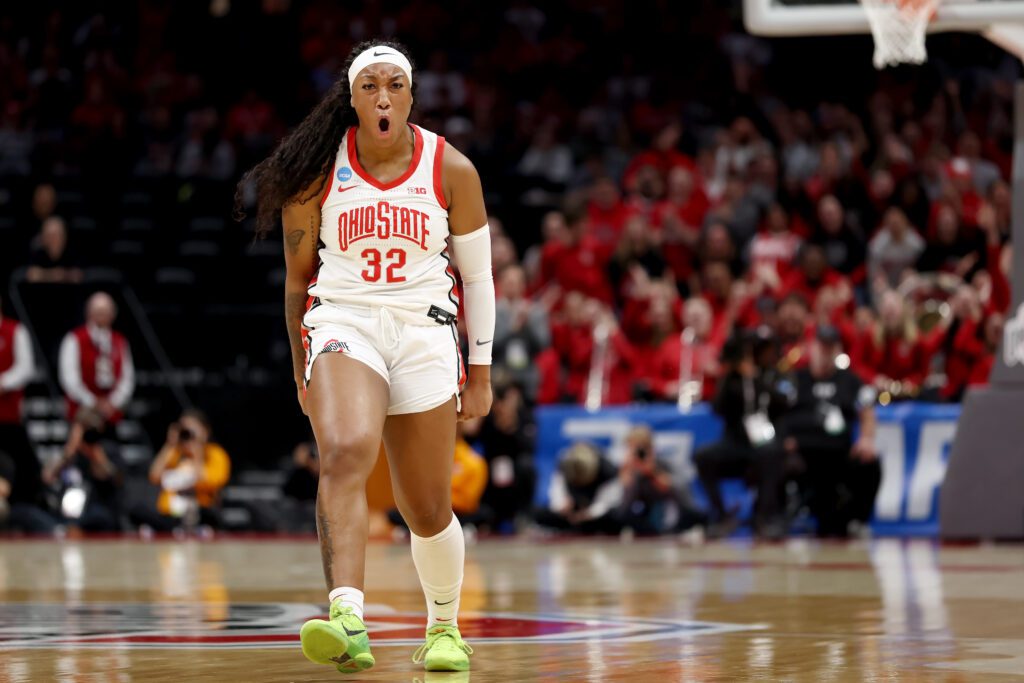Cotie McMahon reacts to a shot during Ohio State's second-round March Madness loss to Tennessee.