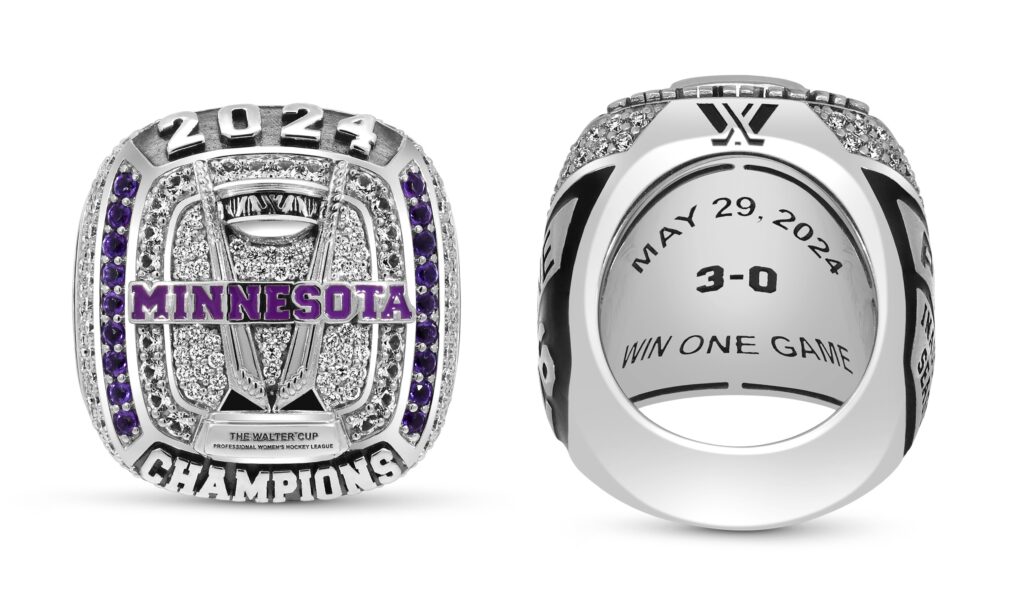 A top and inside view of the Minnesota Frost's 2024 PWHL championship ring.