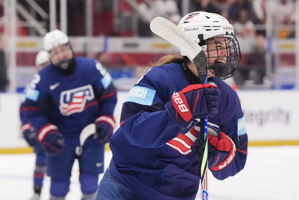 Team USA's Carolina Harvey celebrates her goal during the 2025 IIHF World Championship gold-medal game.
