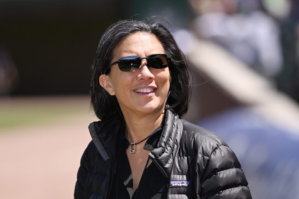 Miami Marlins GM Kim Ng smiles before a 2023 MLB game.