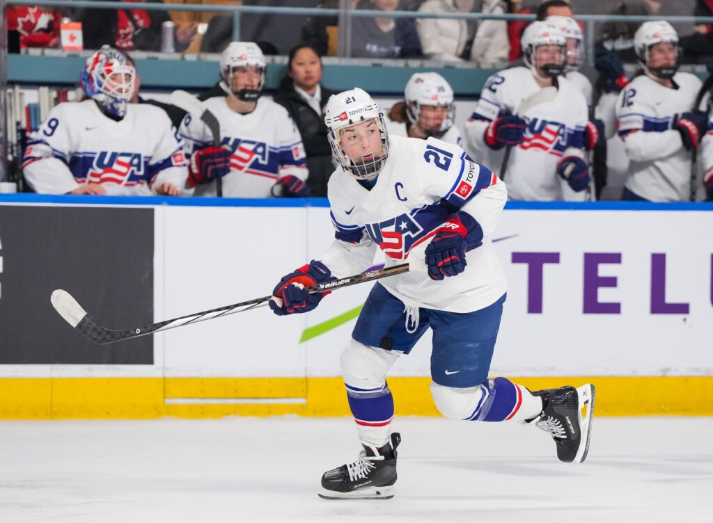USA hockey star Hilary Knight skates against Canada during a 2023 game.