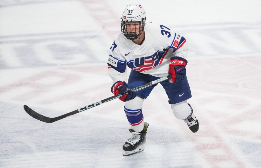 Team USA's Abbey Murphy skates during a 2023 game against Canada.