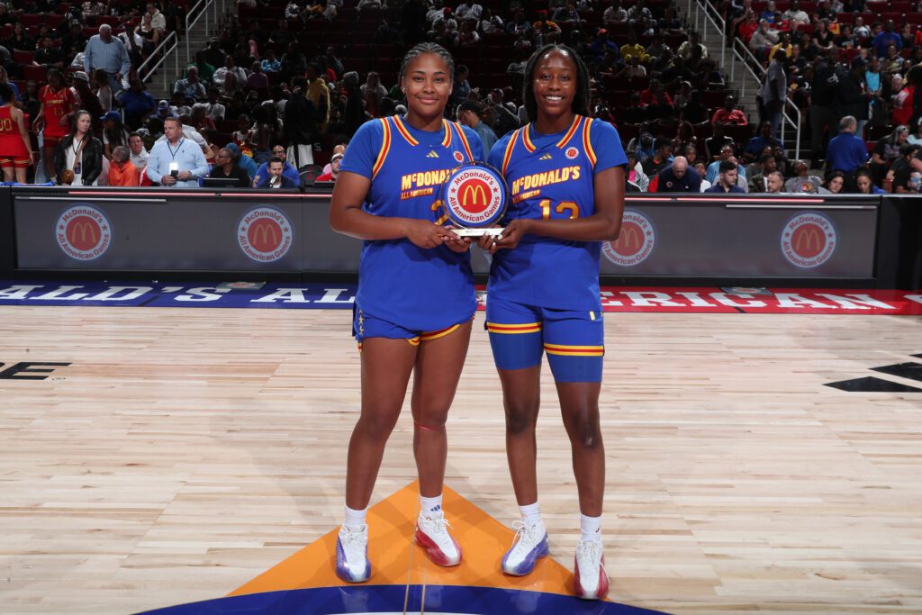 Sarah Strong and forward Joyce Edwards are named co MVP's of the McDonald's All American Girls Game on April 2, 2024, at the Toyota Center in Houston, Texas.