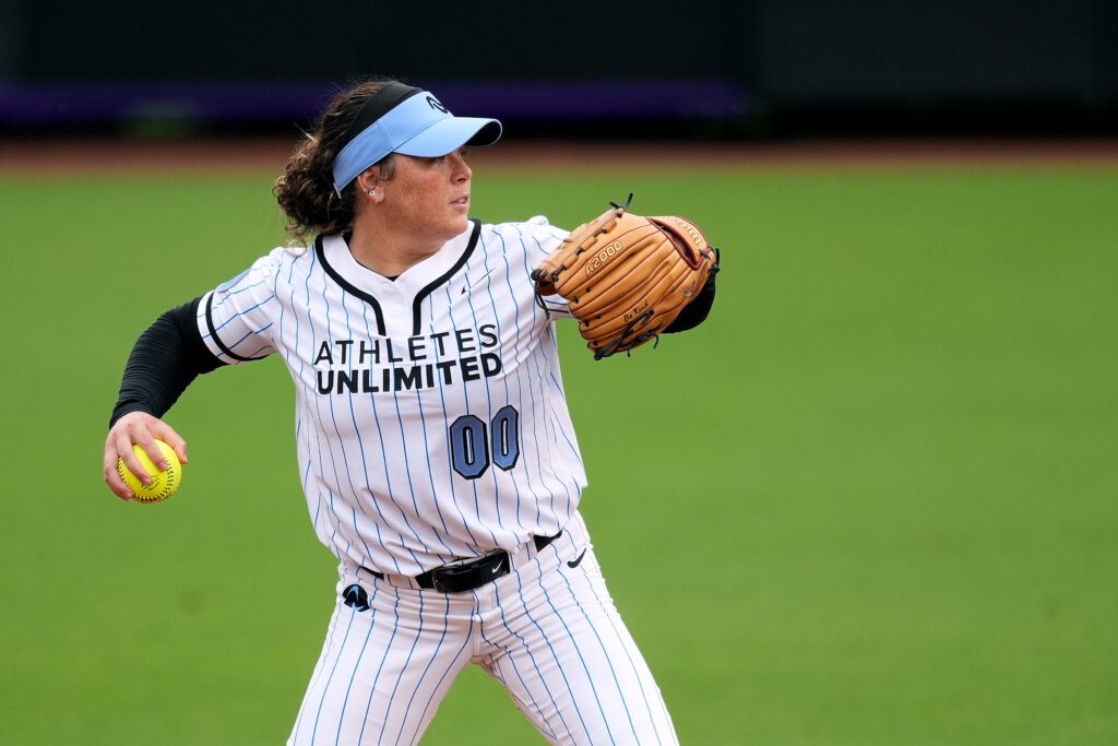 Athletes Unlimited softball player Rachel Garcia warms up before a 2024 game.