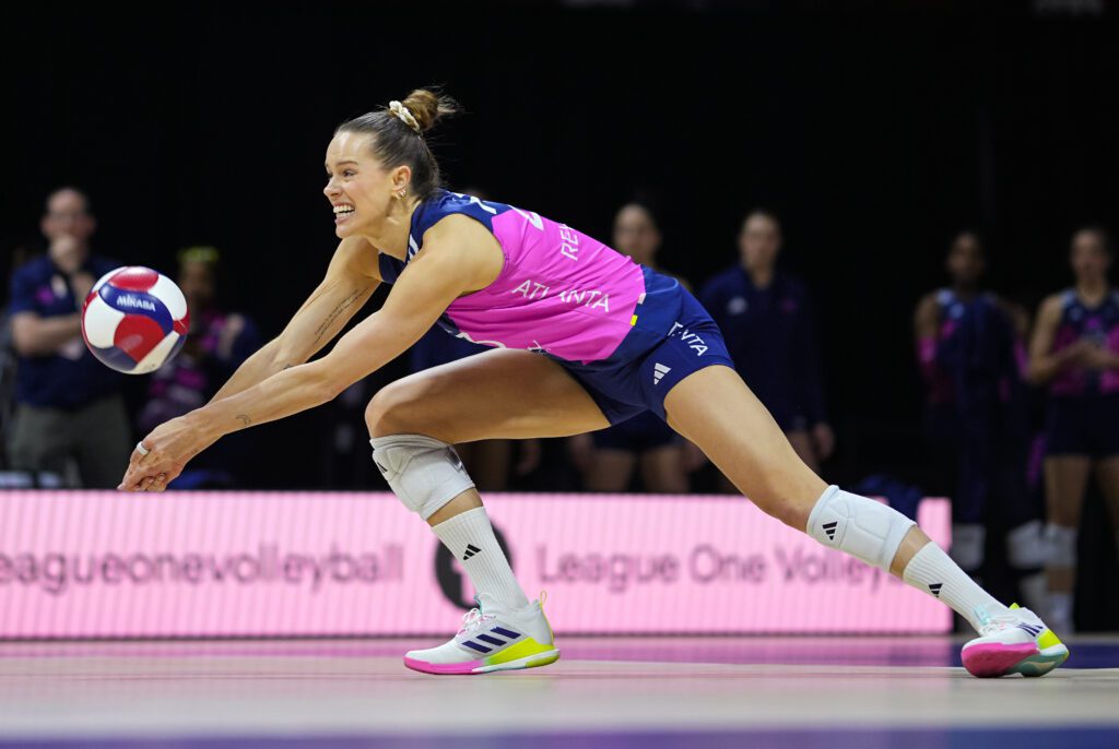 Atlanta's Kelsey Cook digs the ball during a 2025 LOVB match.