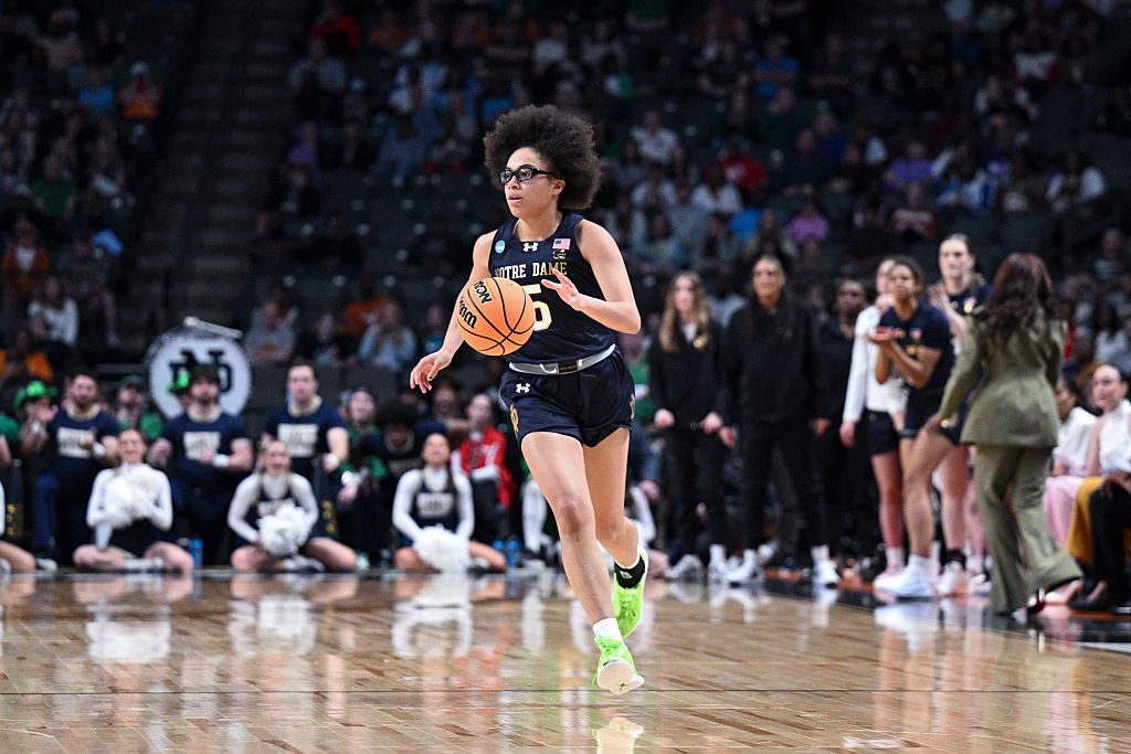 NCAA transfer portal entrant Olivia Miles #5 of the Notre Dame Fighting Irish dribbles the ball during game against TCU Horned Frogs in the Sweet Sixteen round of the 2025 NCAA Women's Basketball Tournament.