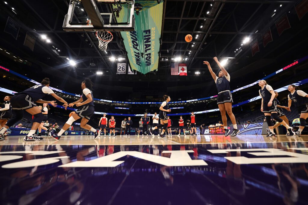 UConn warms up during an open practice ahead of the 2025 NCAA Women's Basketball Tournament Final Four.