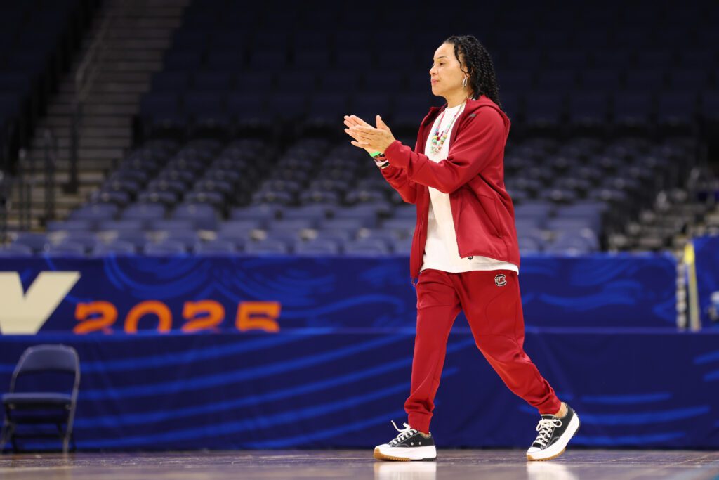 Head coach Dawn Staley of the South Carolina Gamecocks reacts during a team practice prior to the 2025 Women's Final Four.