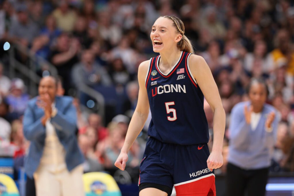 Paige Bueckers reacts to a play during UConn's 2025 March Madness championship win.