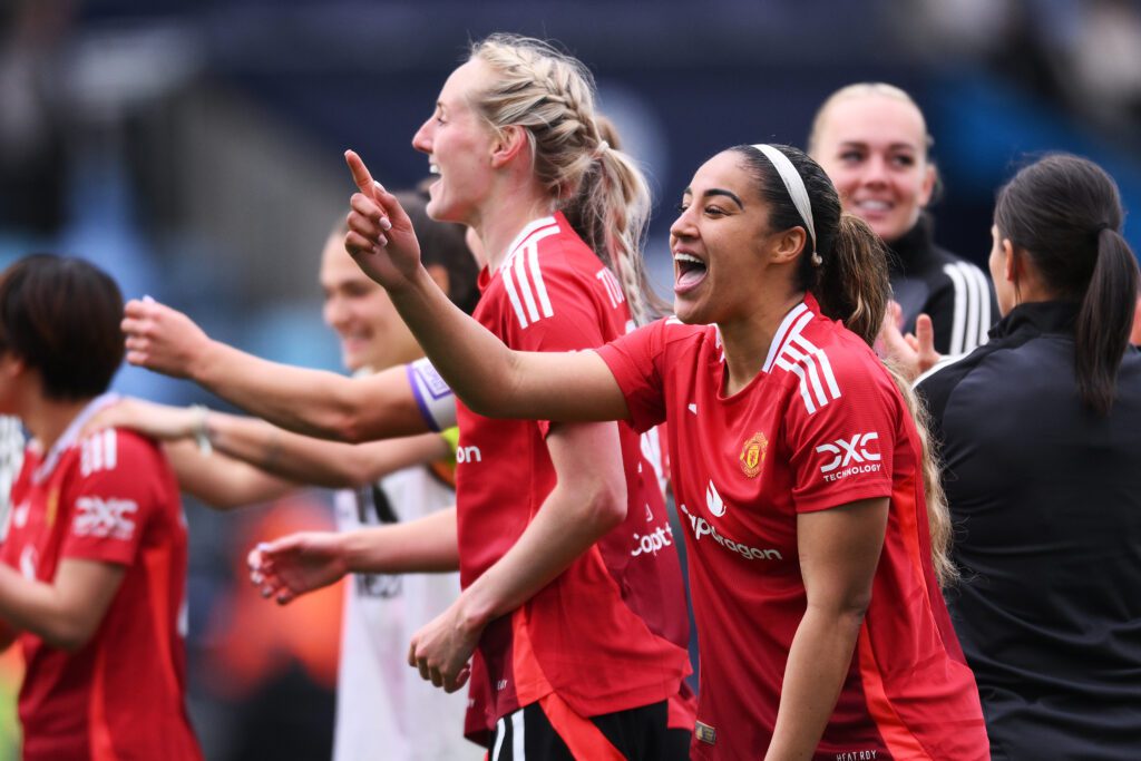 Manchester United's Gabrielle George celebrates the club's 2025 FA Cup semifinal win over Manchester City.