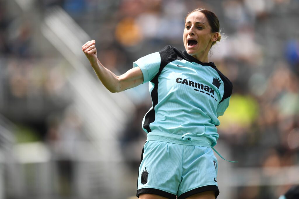 Golden Boot-leader Esther celebrates another goal during Gotham's Saturday NWSL win over Washington.