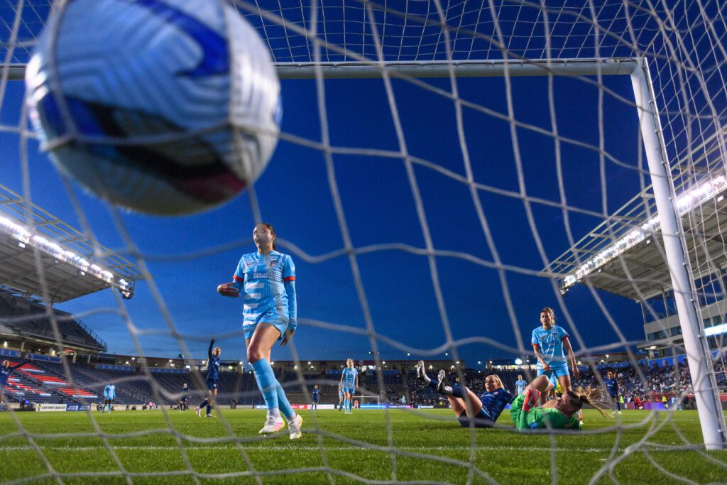 The ball hits the back of the net in a San Diego goal during the Wave's 3-0 Saturday win over Chicago.