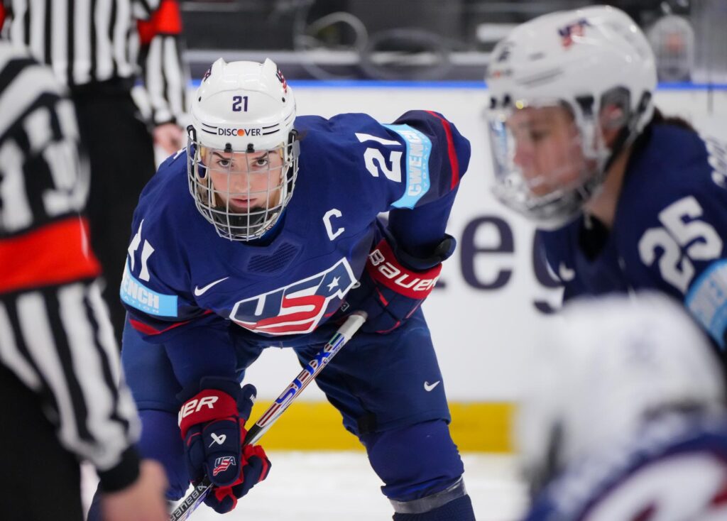 Captain Hilary Knight preps for the puck drop during the USA's 2025 IIHF World Championship quarterfinal win over Germany.