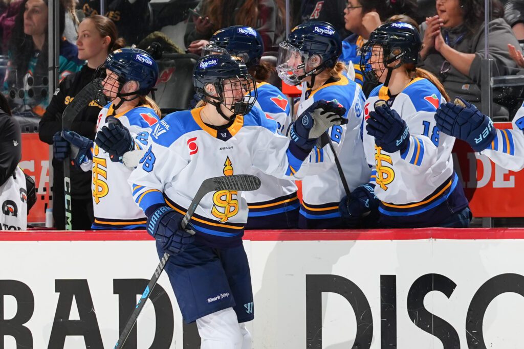 Toronto's Julia Gosling celebrates a goal with the Sceptres' bench during a 2025 PWHL regular-season game.