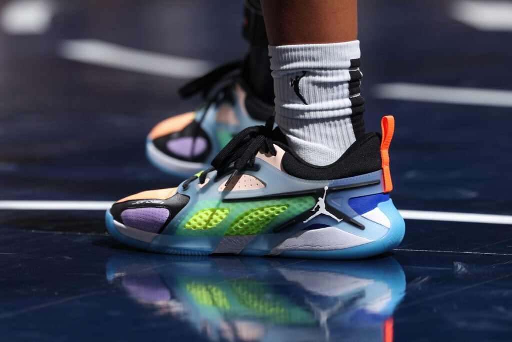 The Jordan Brand sneakers worn by Napheesa Collier #24 of the Minnesota Lynx during a WNBA game against the Chicago Sky during the WNBA Preseason Game on May 10, 2025 at Target Center in Minneapolis, Minnesota.