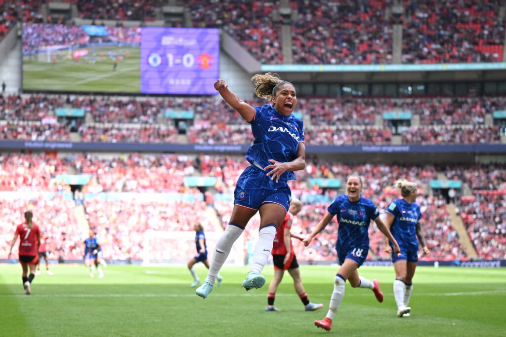 Catarina Macario celebrates her goal during Chelsea's 2025 FA Cup win.