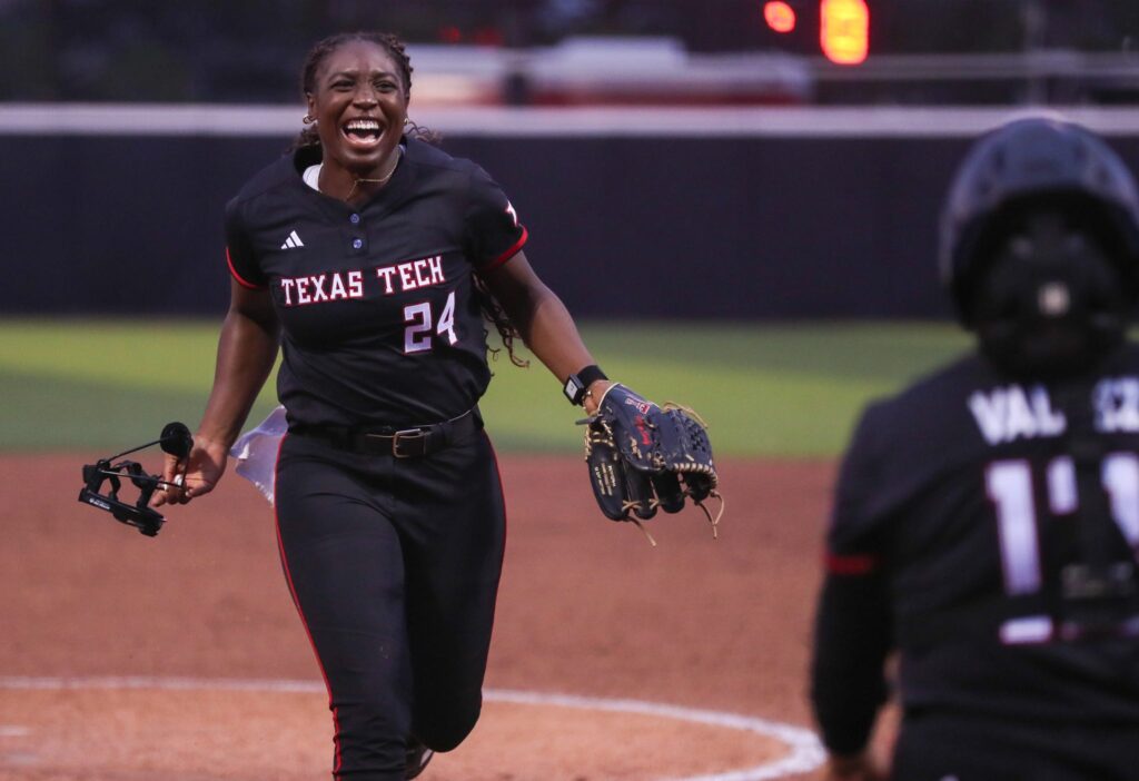 Texas Tech pitcher NiJaree Canady celebrates a 2025 NCAA softball postseason win.