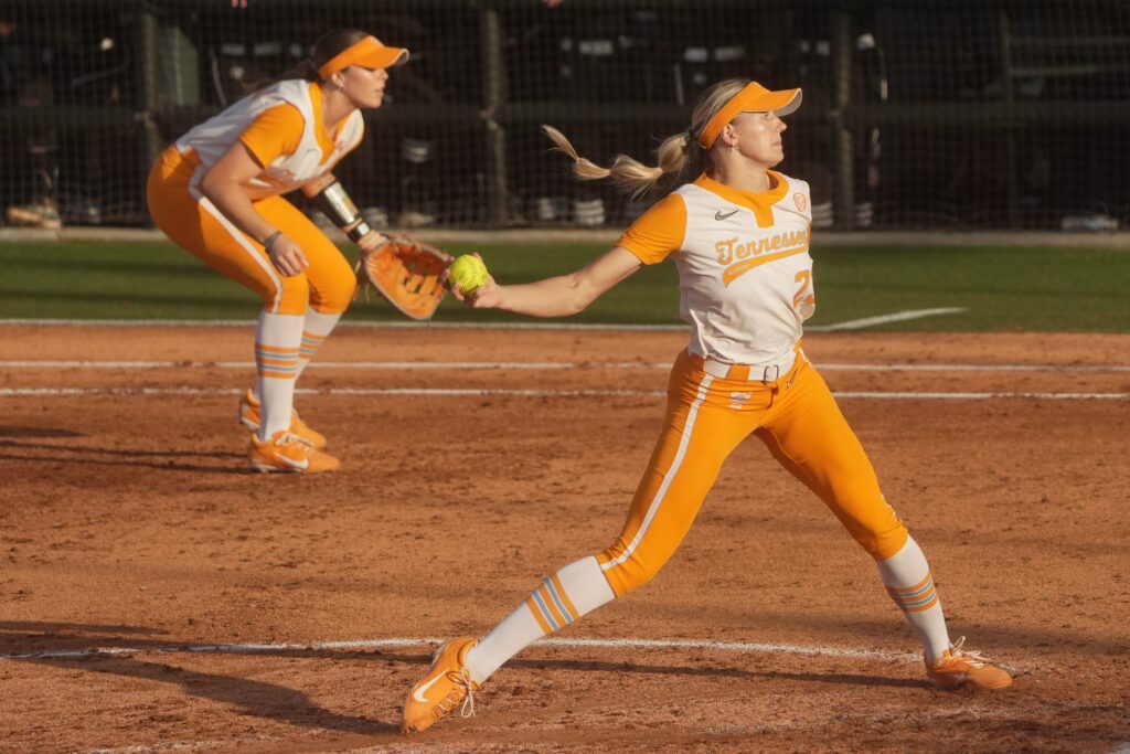 Tennessee pitcher Karlyn Pickens throws from the circle during a 2025 SEC softball game.