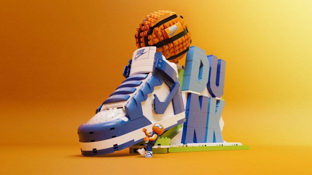The 1,180-piece LEGO Nike Dunk set features an iconic Nike Dunk sneaker, a brick basketball, and the "Dunk" slogan.