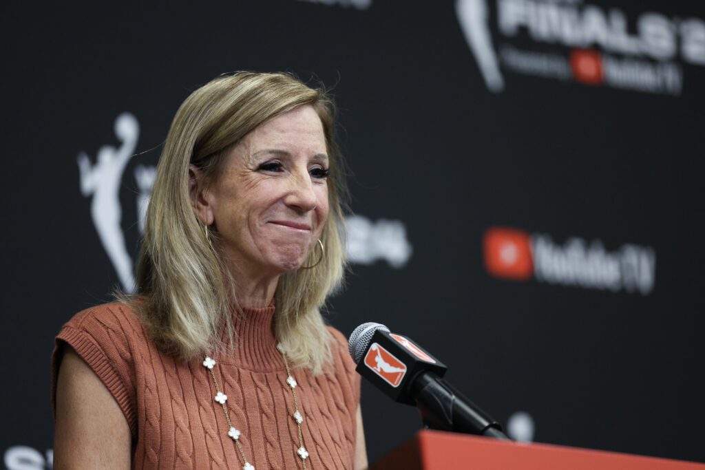 WNBA commissioner Cathy Engelbert smiles during a 2024 Finals press conference.