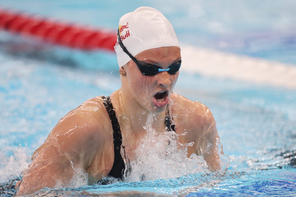 Canadian star swimmer Summer McIntosh competes in a 2025 race.