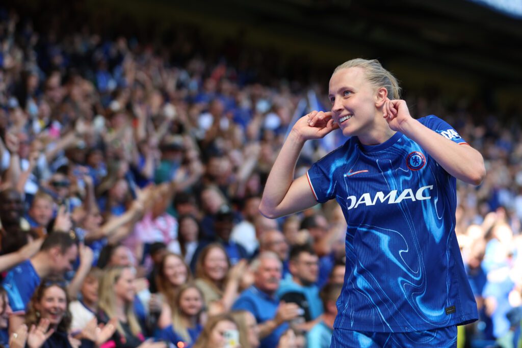 Chelsea FC attacker Aggie Beever-Jones celebrates a goal during a 2025 WSL match.