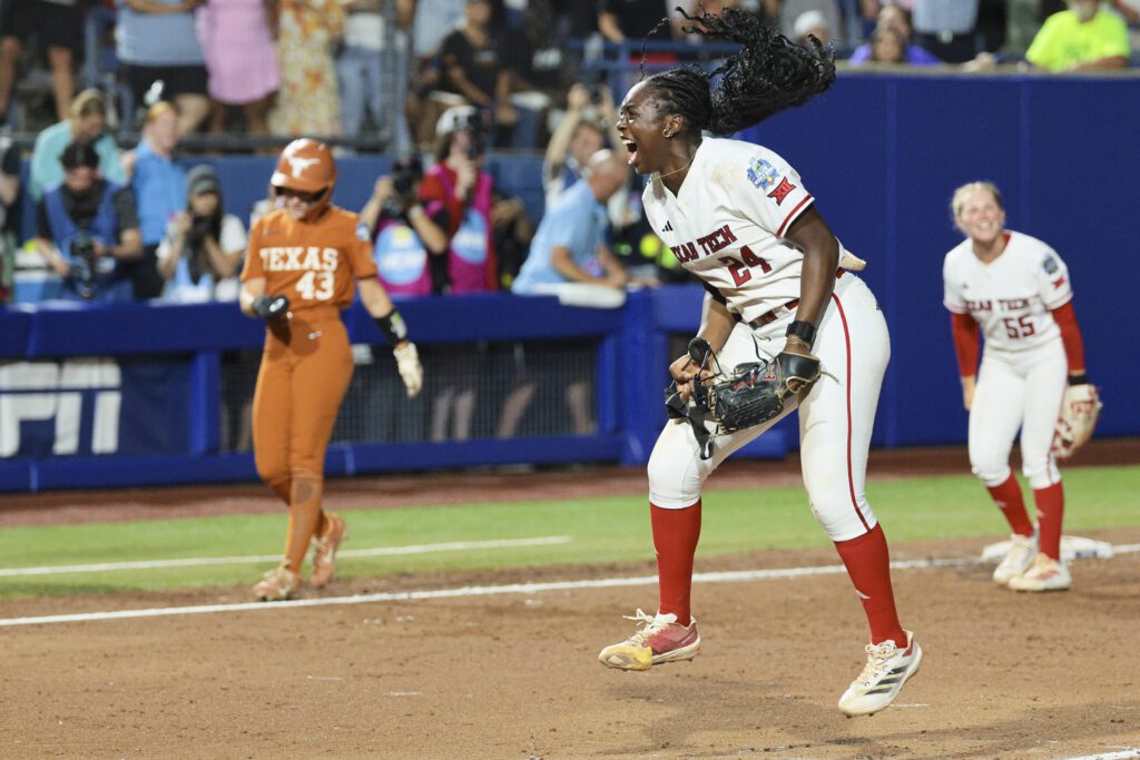 Texas Tech star pitcher NiJaree Canady reacts to the game-winning strikeout at the 2025 WCWS championship series' Game 2.