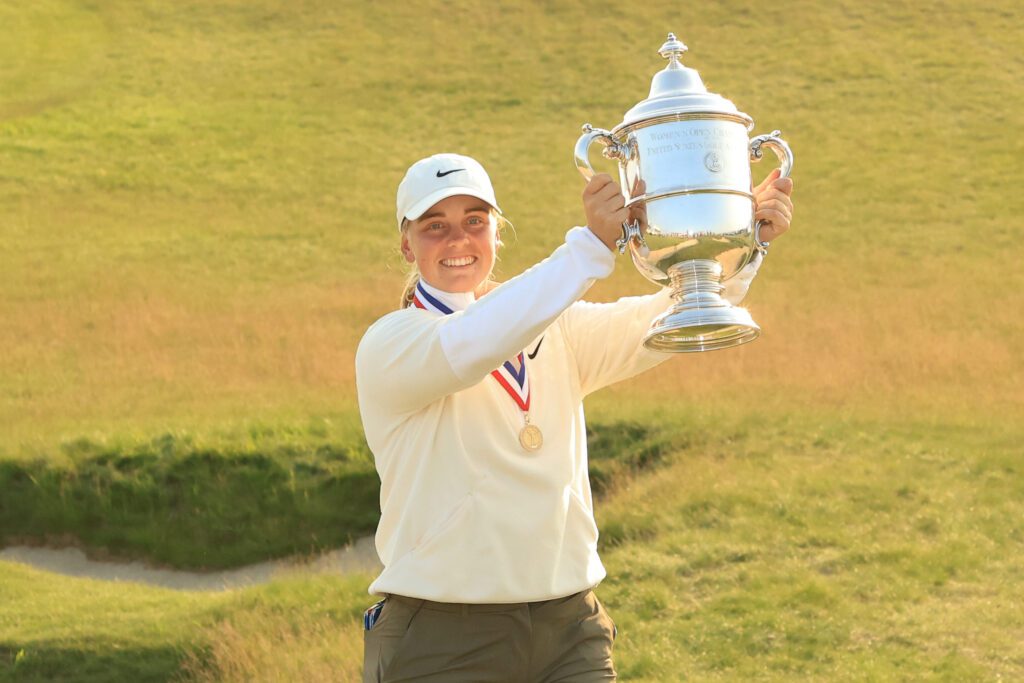 Sweden's Maja Stark lifts the 2025 US Women's Open trophy.