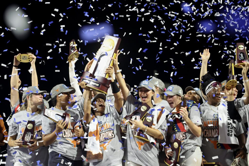 Texas softball lifts their first-ever NCAA championship trophy after winning the 2025 Women's College World Series.