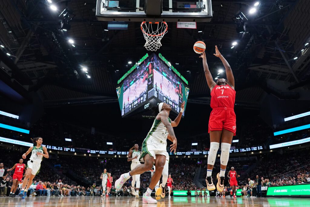 Indiana Fever center Aliyah Boston shoots in the paint during a 2025 WNBA season win over Seattle on Tuesday.