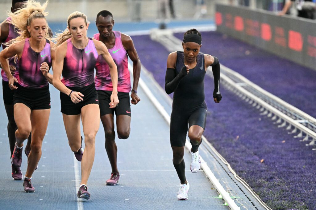 Kenyan star Faith Kipyegon races in a bid to run a sub four-minute mile on Thursday.