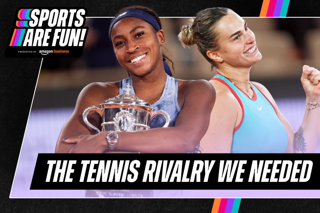 Cover image for Sports Are Fun! podcast featuring tennis stars Coco Gauff and Aryna Sabalenka.