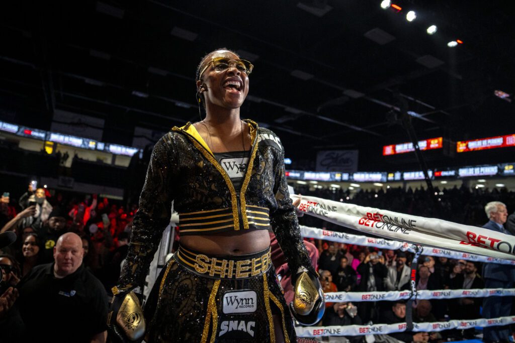 US boxing star Claressa Shields enters the ring for a 2025 fight.
