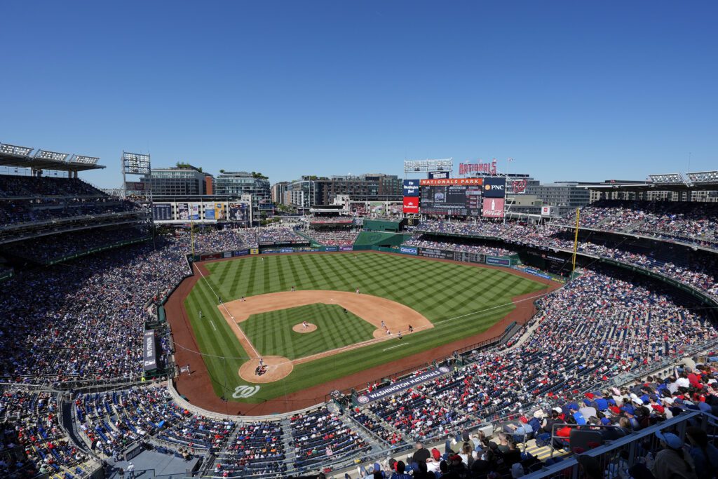 Wide view of Washington, DC's Nationals Park during a 2025 MLB game.